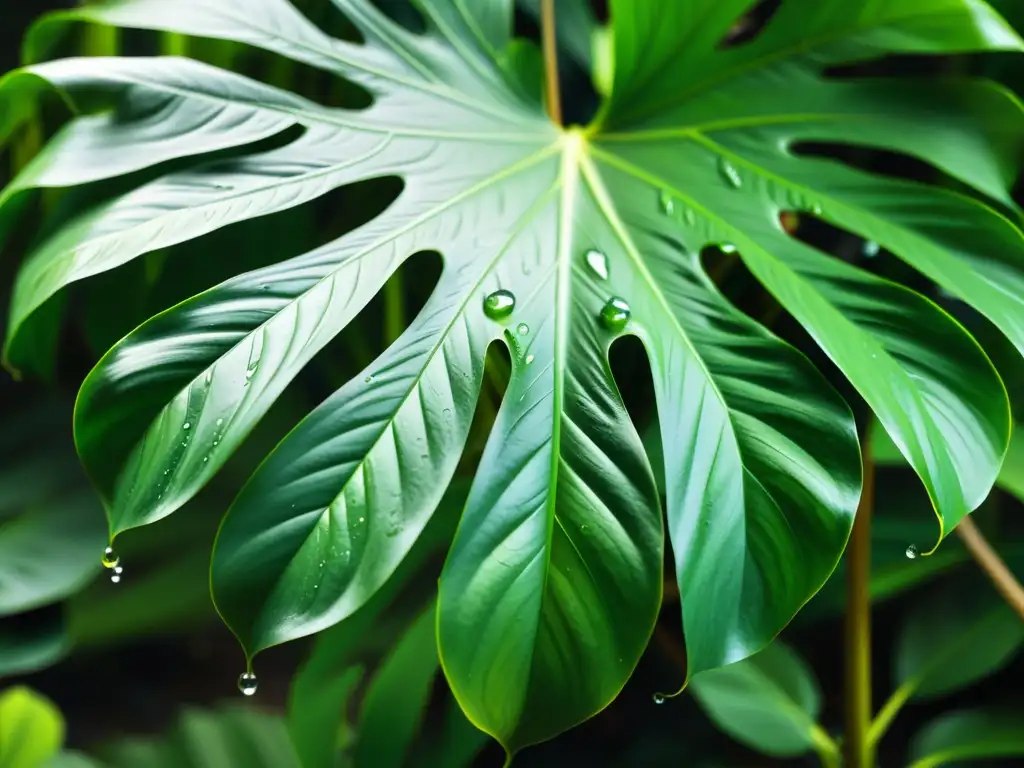 Un close-up detallado de una exuberante planta de monstera deliciosa con hojas grandes y brillantes