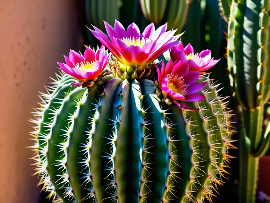 Closeup de un cactus Echinopsis oxygona con flores rosadas y blancas en plena floración, bañado por la cálida luz del sol