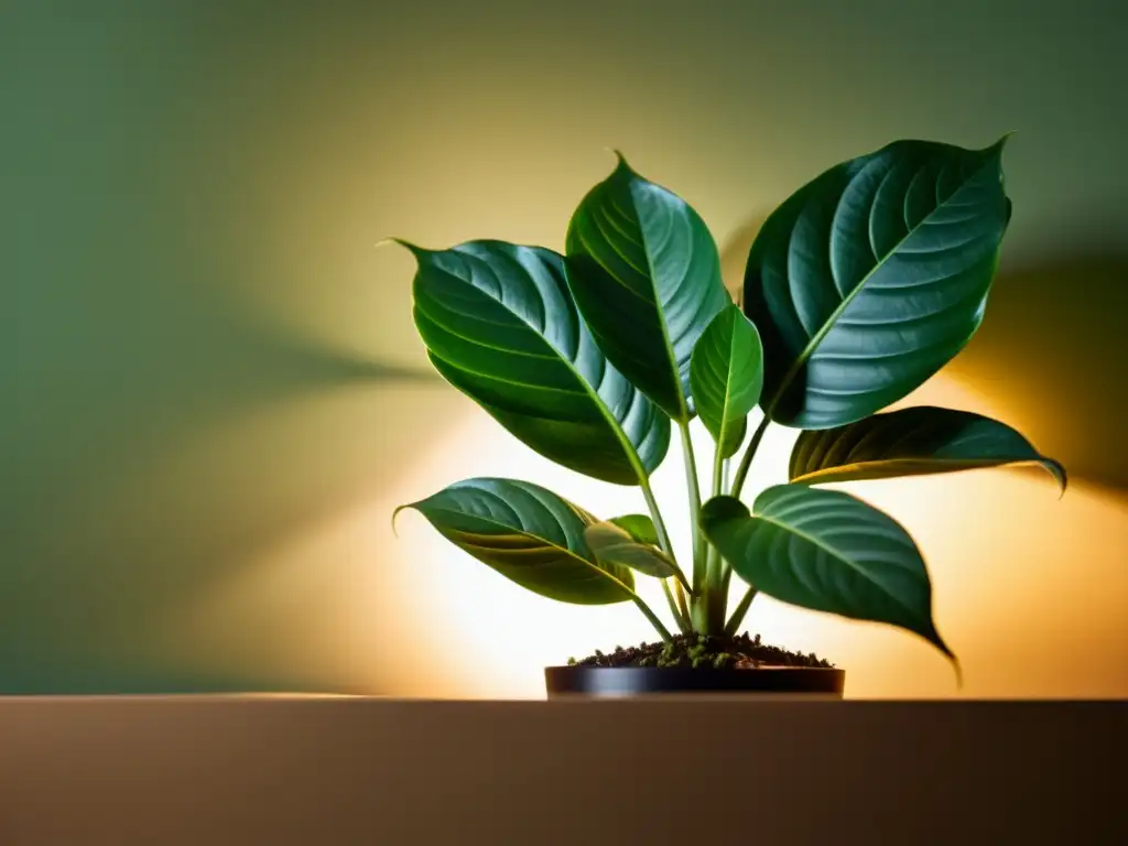 Closeup de exuberante planta de interior, iluminada por lámpara dorada en la noche