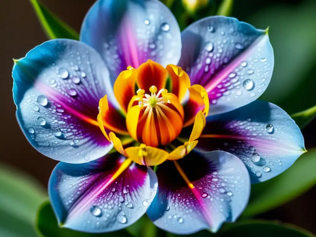 Closeup de flor en floración con gotas de agua, resaltando la importancia del riego preciso para el crecimiento