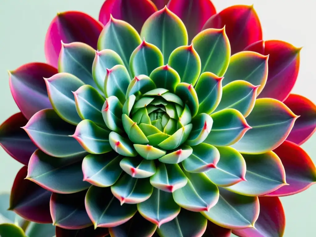 Closeup de suculenta Echeveria con hojas verdes y magenta