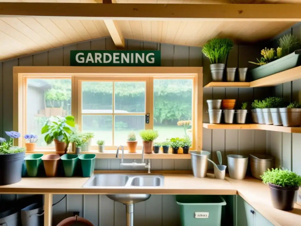Shed de jardinería ordenado con herramientas y plantas Un cobertizo de jardinería ordenado con herramientas etiquetadas y plantas en macetas