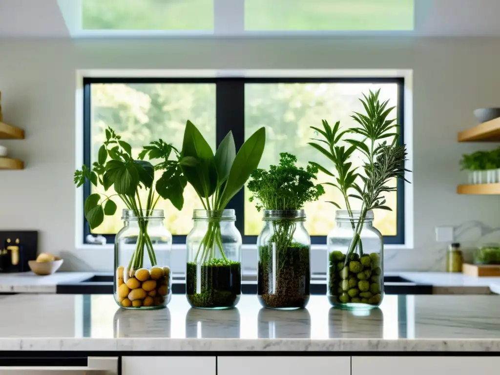 Decoración de cocina con hierbas aromáticas en frascos de vidrio, mostrando un ambiente fresco y sofisticado con luz natural