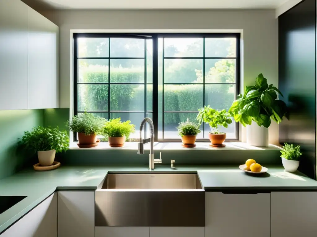 Decoración de cocina con hierbas aromáticas frescas, diseño minimalista y luz natural