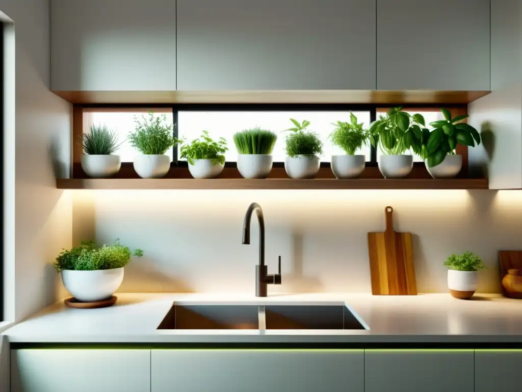 Cocina minimalista con cultivo de hierbas aromáticas en cocinas pequeñas