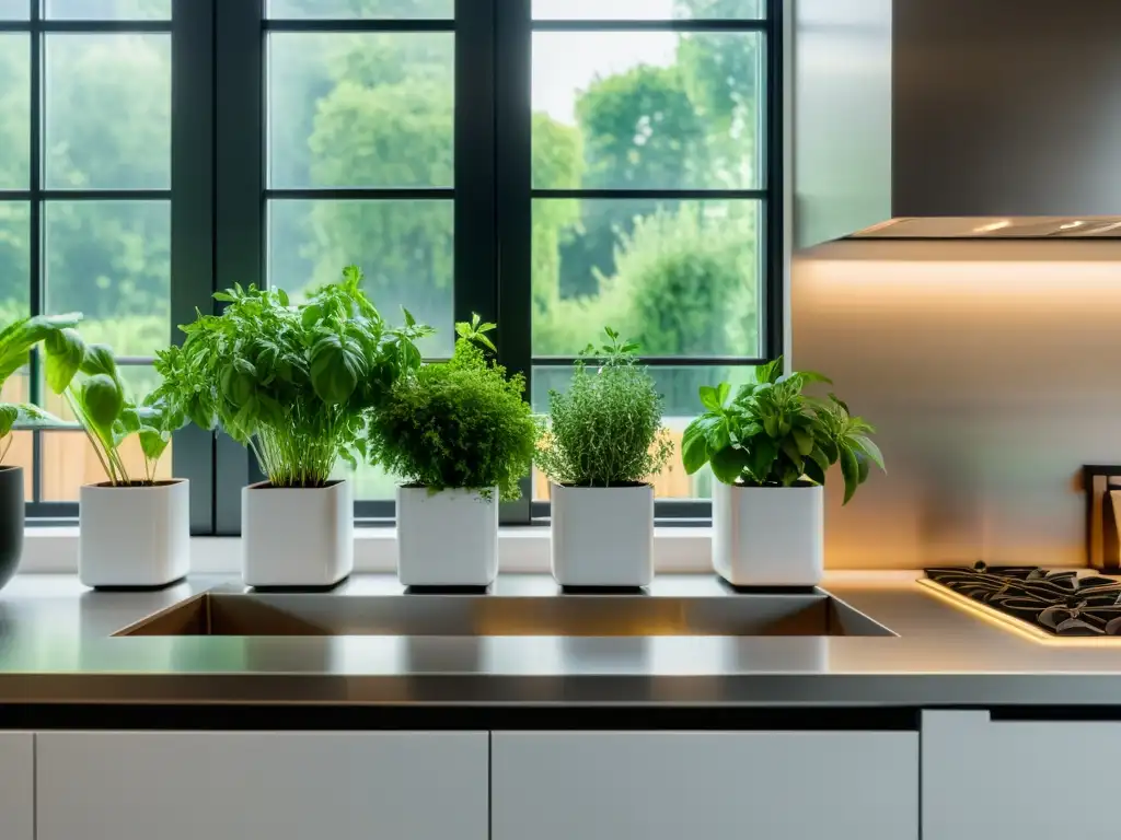 Decoración de cocina minimalista con herbario de hierbas aromáticas en macetas blancas, iluminada por luz natural