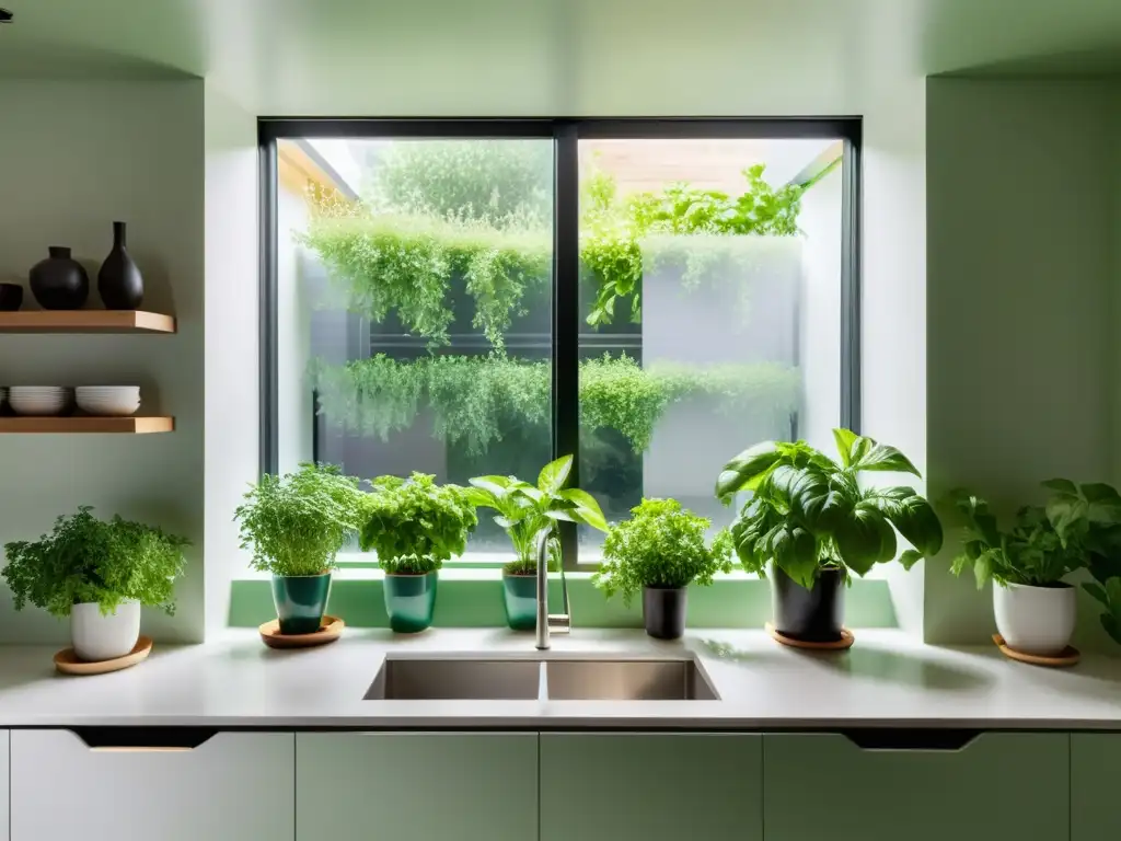 Cocina moderna con hierbas frescas en ventana iluminada