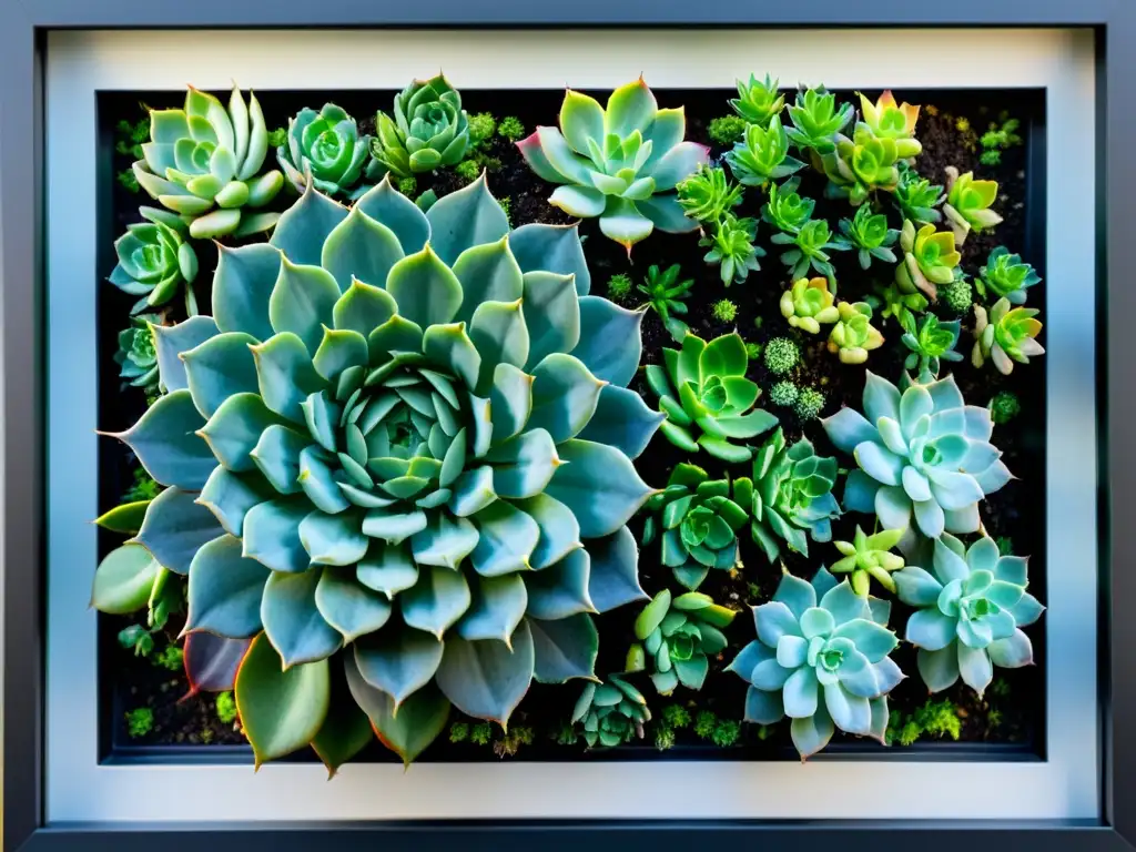 Minijardines colgantes para espacios verticales: Elegante marco negro con vibrantes suculentas y enredaderas verdes, creando contraste y modernidad