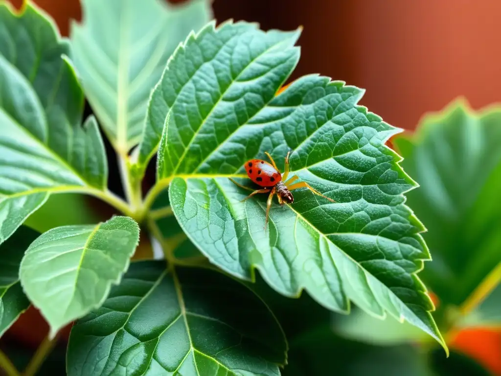 Combate natural de araña roja en plantas de interior: detalle de planta verde con depredadores naturales controlando la infestación