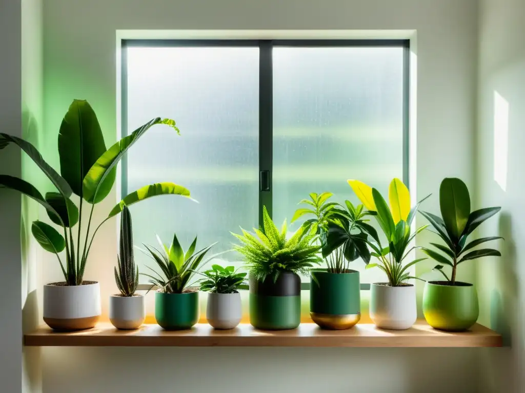 Combinación de tonos verdes de plantas en un salón minimalista, aportando calma y frescura al interior contemporáneo