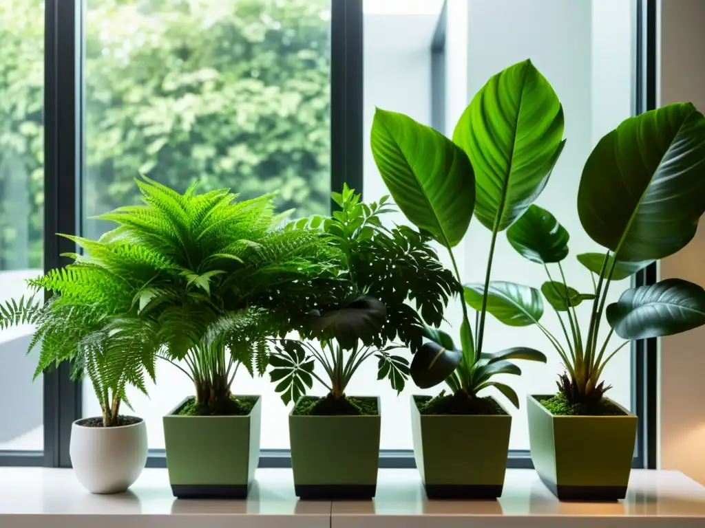 Combinaciones de follaje en un interior moderno, con plantas exuberantes y cuidadosamente seleccionadas en elegantes macetas