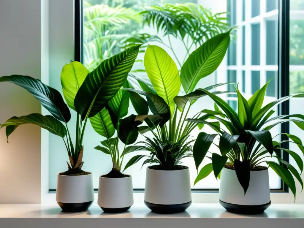 Combinaciones de plantas de interior estacionales en elegantes macetas blancas, iluminadas por luz natural