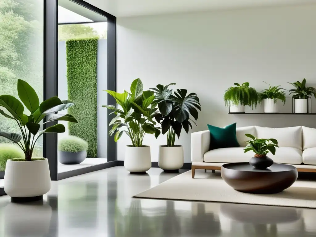 Combinaciones de plantas de interior estacionales en elegante sala blanca con grandes ventanales y diseño minimalista