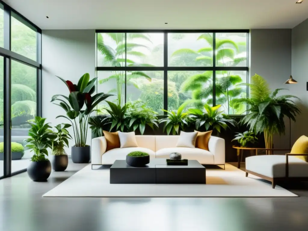 Combinaciones de plantas de interior estacionales en un salón moderno y elegante con luz natural y plantas en macetas contemporáneas