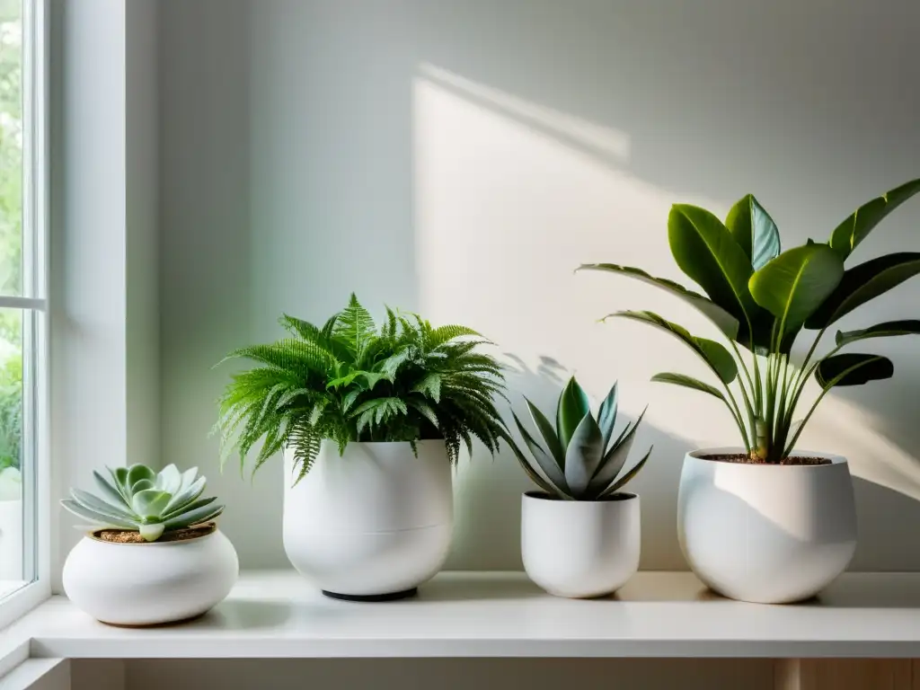 Combinaciones de plantas de interior minimalistas en sala moderna con luz natural y estantes blancos