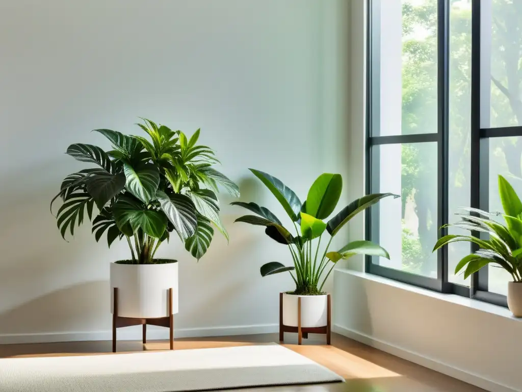 Combinaciones de plantas de interior minimalistas en sala blanca con luz natural suave y plantas de tonos verdes variados en soporte moderno