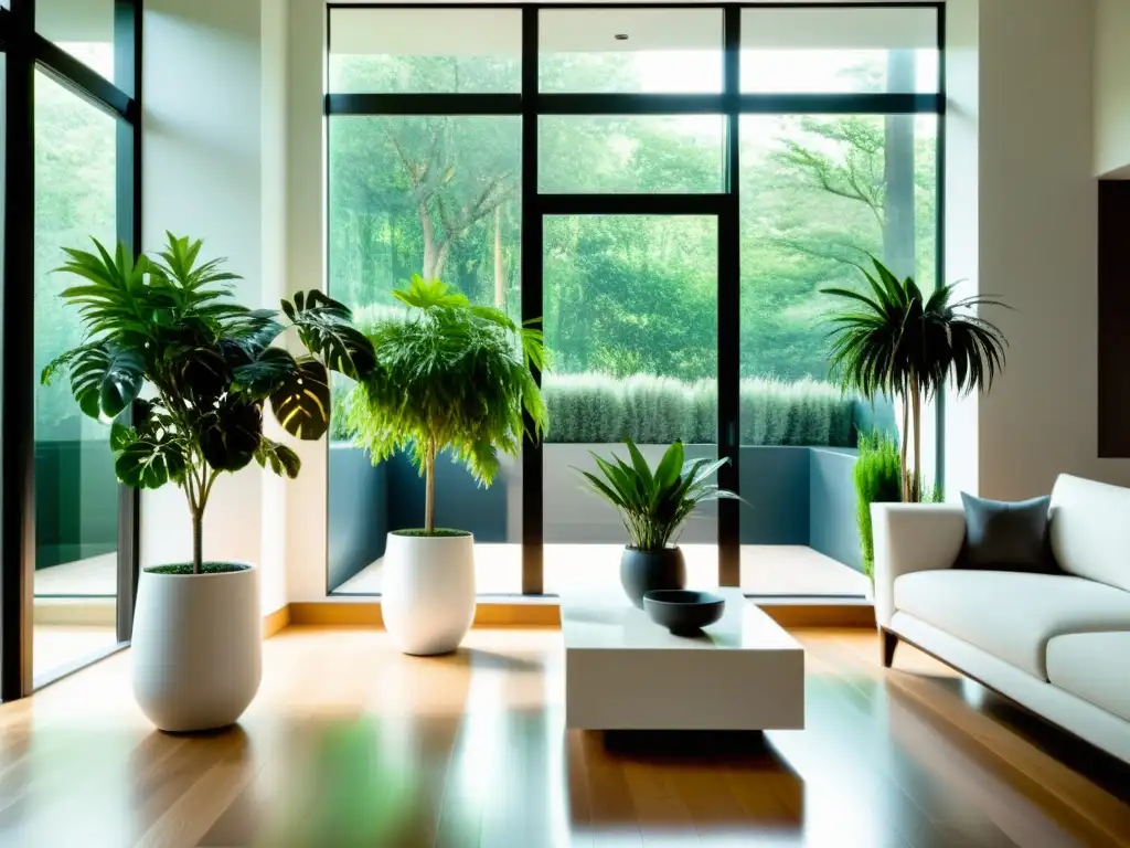 Combinaciones de plantas de interior minimalistas en un salón moderno con mucha luz natural y atmósfera serena