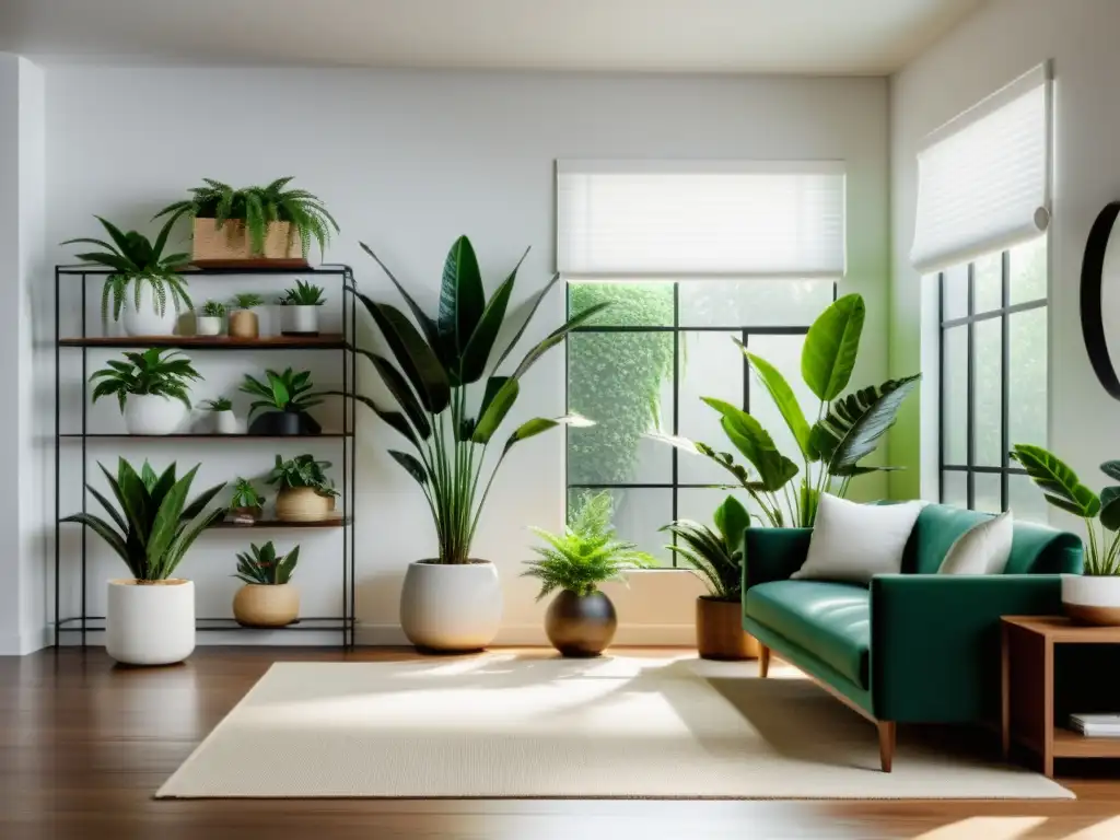 Combinaciones de plantas de interior minimalistas: sala blanca con plantas en estantes de madera