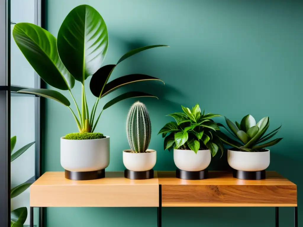 Una composición elegante de plantas de interior en soportes modernos de madera y metal, con una variedad de texturas y colores