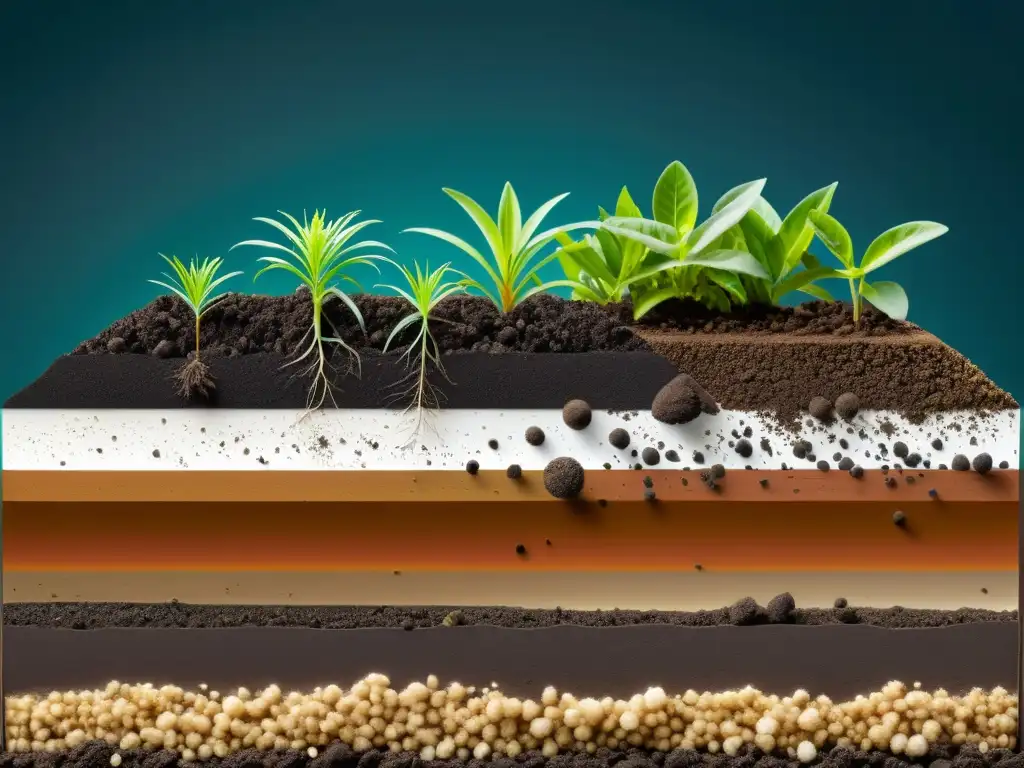 Composición ideal suelo para plantas de interior: imagen detallada en 8k de capas de tierra fértil y saludable, con raíces de planta extendiéndose