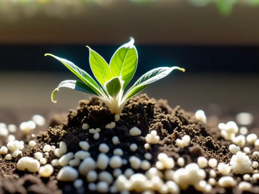 Composición ideal suelo plantas interior: Detalle de suelo oscuro y raíces blancas de planta en crecimiento, iluminados por luz suave natural