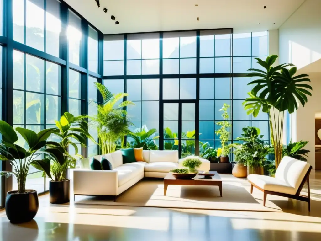 Composición ideal suelo plantas interior: Sala luminosa con plantas exuberantes, muebles modernos y paredes neutrales