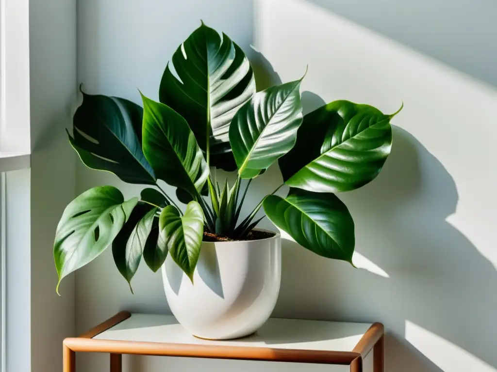 Una composición de plantas de interior en un soporte moderno, iluminadas por luz natural