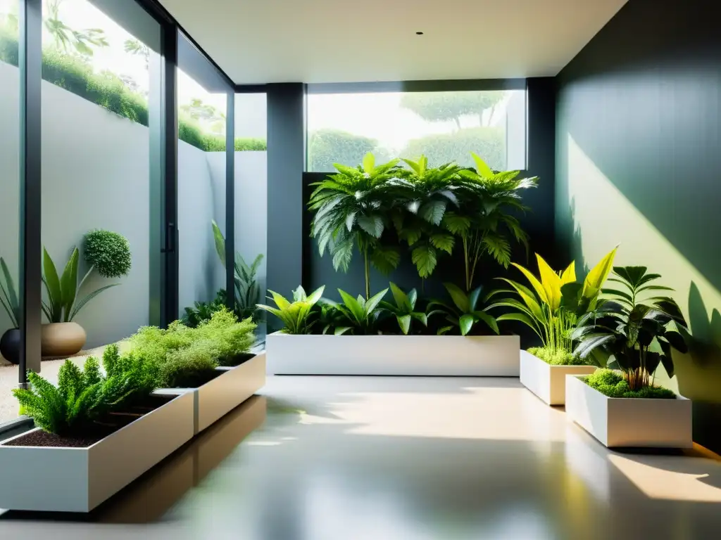 Una composición serena y moderna de plantas en macetas en un jardín interior, ideal para la Comunidad de jardineros plantas interior