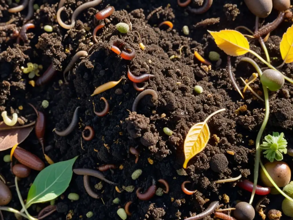 Compost oscuro y rico teñido de vida, con gusanos y materiales en descomposición