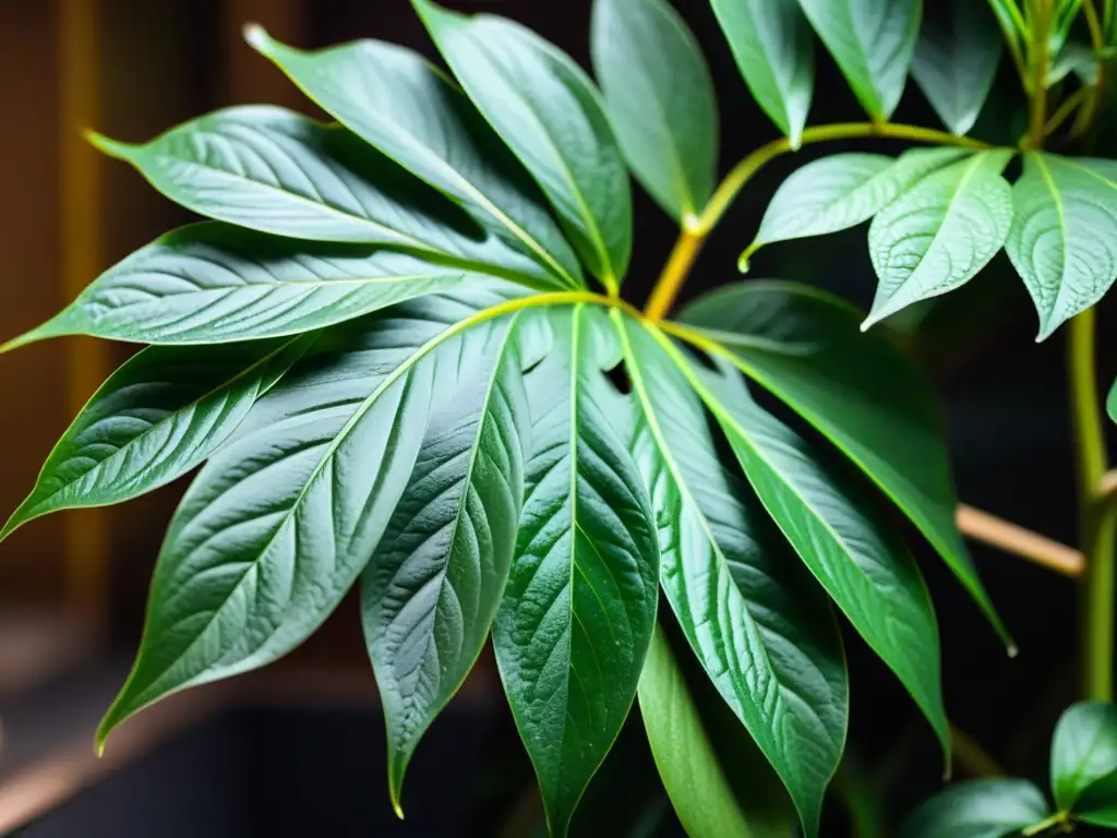 Té de compost para plantas: Detalle exquisito de una planta verde exuberante, con hojas vibrantes y patrones delicados, bañada en luz natural suave