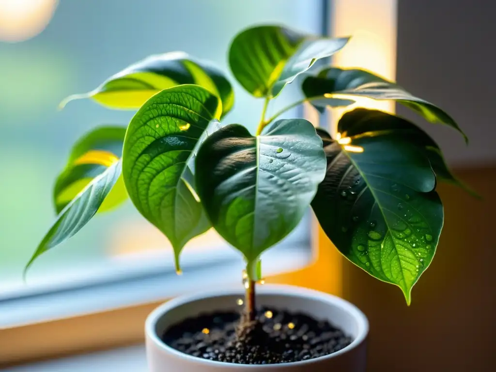 Té de compost para plantas: Una exuberante planta de interior, bañada por la luz del sol, muestra su vitalidad con hojas verdes y saludables