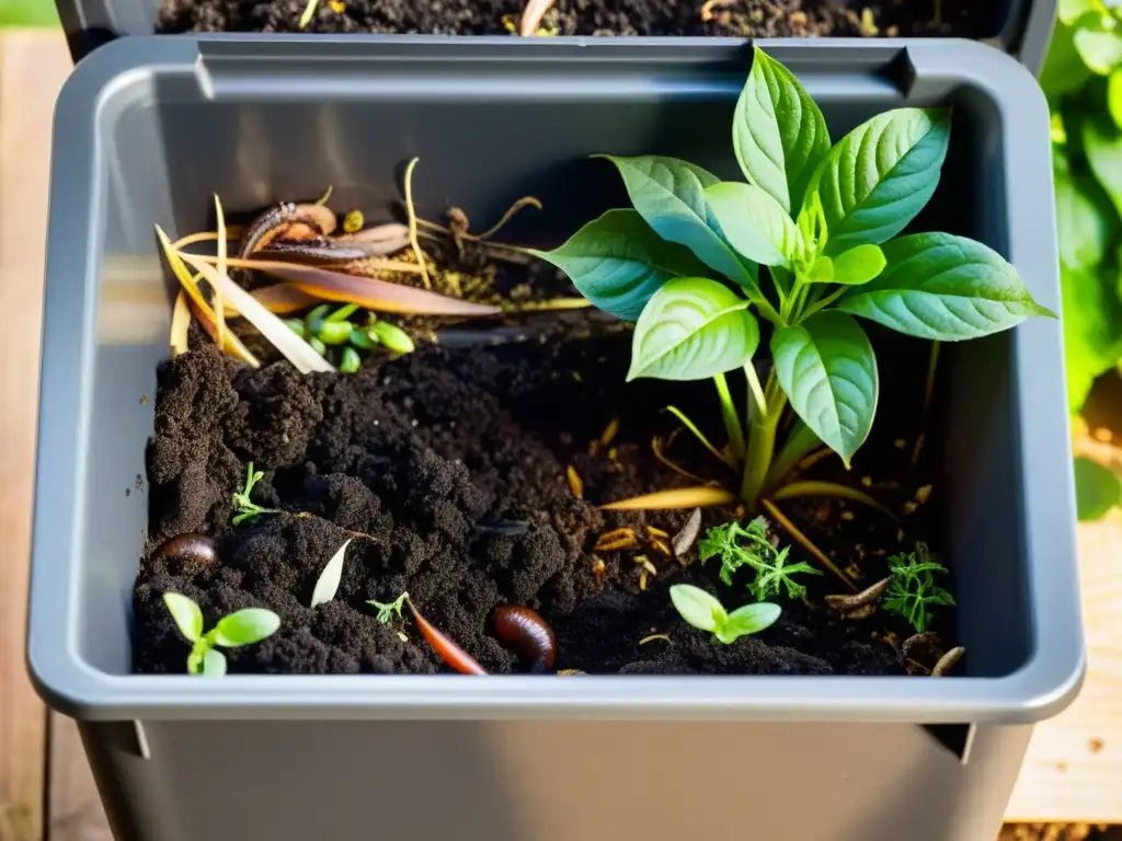 Un compostador casero rebosante de vida y nutrientes, con lombrices y brotes emergiendo