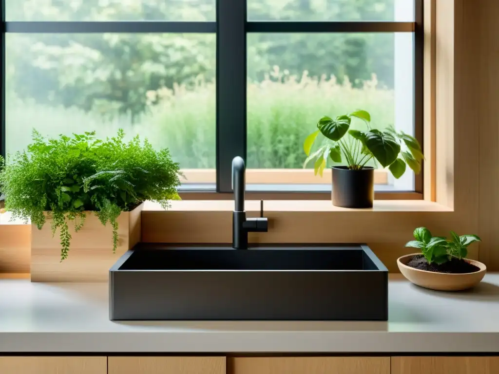 Compostaje en apartamentos: Cocina minimalista con compostera y jardín de hierbas, un equilibrio entre modernidad y sostenibilidad