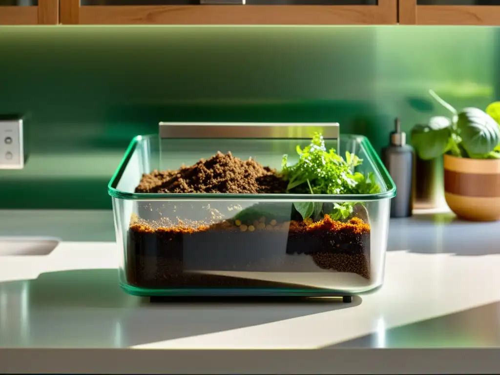 Compostaje casero para plantas de interior: Imagen detallada de un elegante recipiente de vidrio con compostaje en una cocina moderna