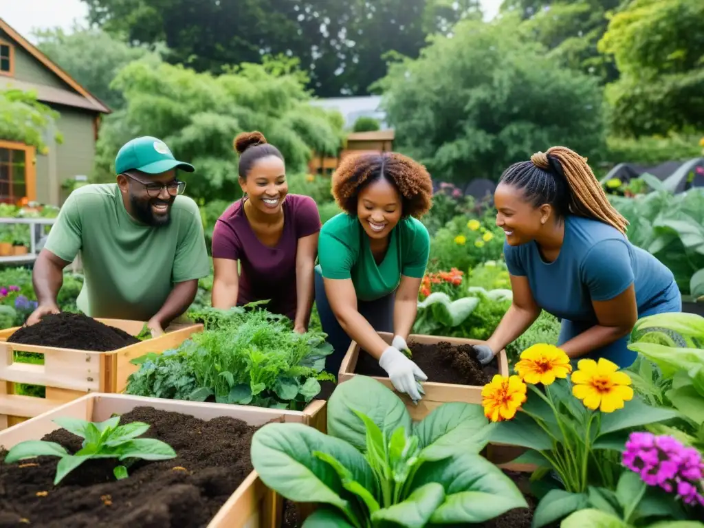 Compostaje colectivo para jardín sostenible: Diversidad y armonía en la comunidad, trabajando en un jardín exuberante y colorido