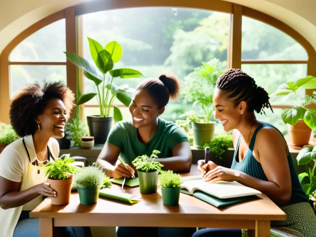 Comunidad de jardineros intercambiando consejos rodeados de plantas verdes exuberantes, herramientas de jardinería y notas de cuidado de plantas