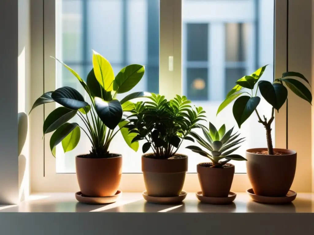 Comunidad de jardineros plantas interior: grupo armonioso de plantas en un alféizar moderno, bañadas por suave luz, creando un ambiente tranquilo