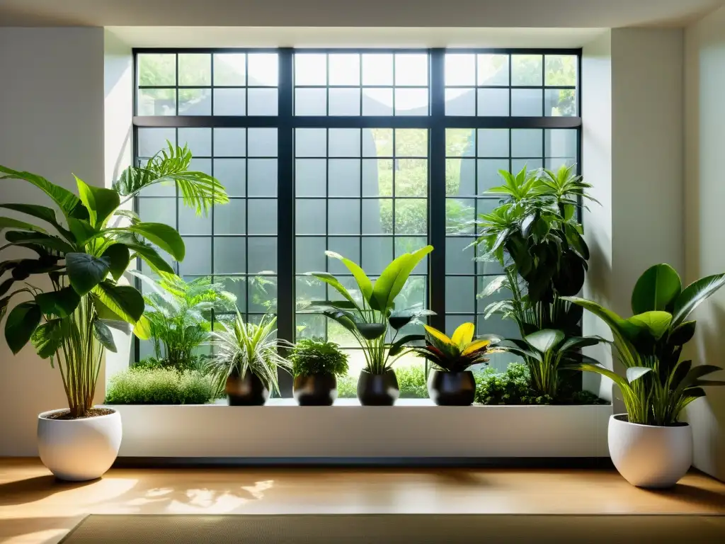 Una comunidad de jardineros disfruta de un sereno jardín interior con plantas exuberantes en modernos maceteros, iluminado por luz natural