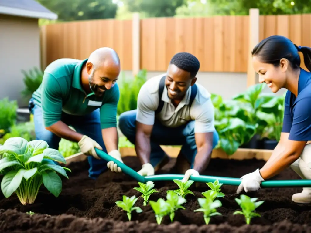 Comunidad instala sistemas eficientes riego plantas comunitarias en jardín vibrante y colaborativo