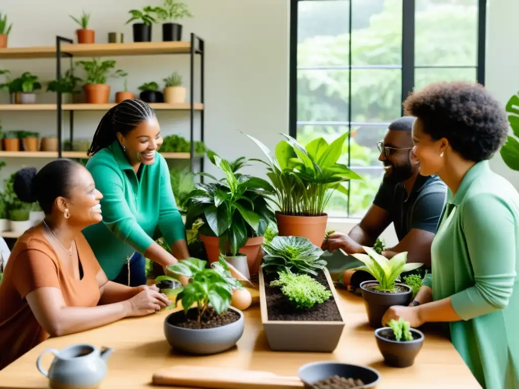 Comunidad unida en el cultivo comunitario de plantas de interior, compartiendo consejos y técnicas en un ambiente cálido y acogedor