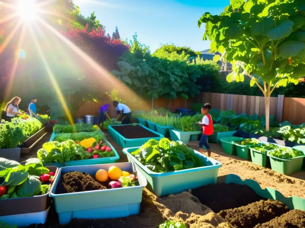 Una comunidad vibrante se reúne para el compostaje colectivo en un jardín sostenible, lleno de vegetales y frutas coloridos y exuberantes, irradiando unidad y propósito