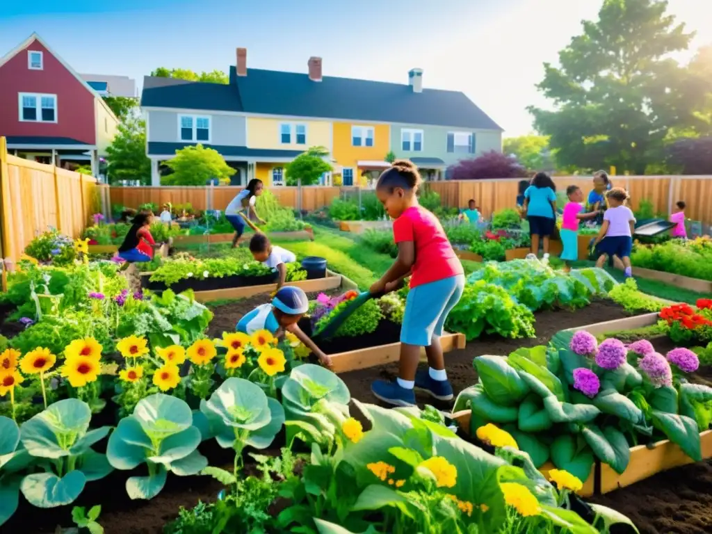 Un jardín comunitario acogedor lleno de flores y verduras, donde niños de distintos orígenes cultivan felices