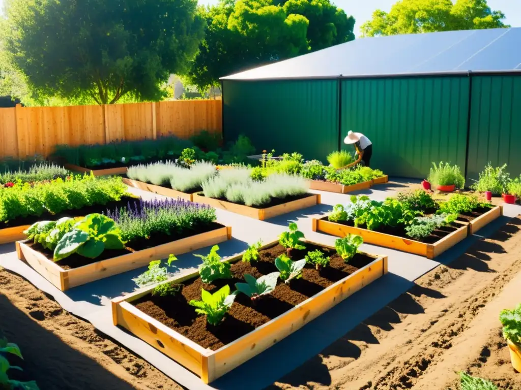 Un jardín comunitario armonioso, cuidado por una diversa comunidad con amor y unidad