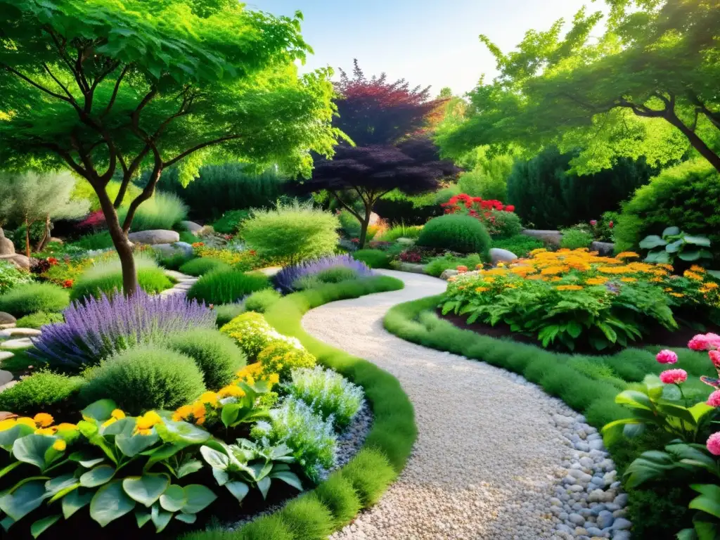 Diseño jardín comunitario Feng Shui: Jardín armonioso con rocas, agua, vegetación exuberante y sendero serpenteante hacia zona de descanso