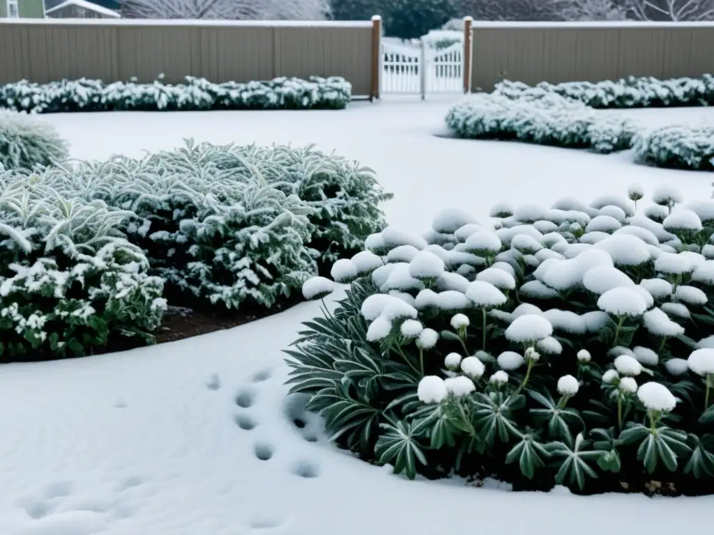 Un jardín comunitario cubierto de nieve, con una atmósfera serena que refleja el manejo de jardines comunitarios en invierno