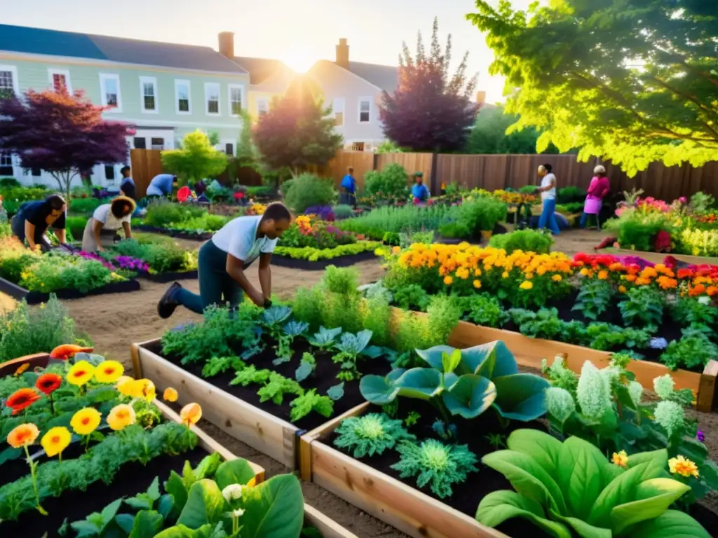 Un jardín comunitario exuberante con camas elevadas ordenadas, repletas de plantas verdes vibrantes y flores coloridas