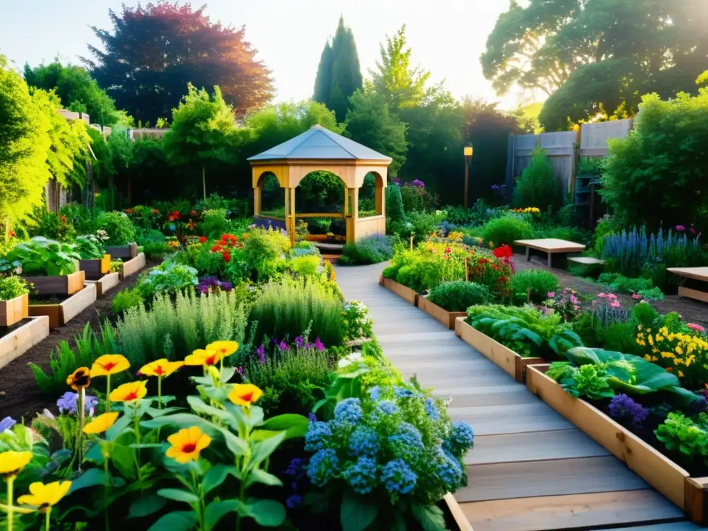 Un jardín comunitario exuberante y colorido con plantas vibrantes, senderos serpenteantes y una atmósfera cálida y acogedora