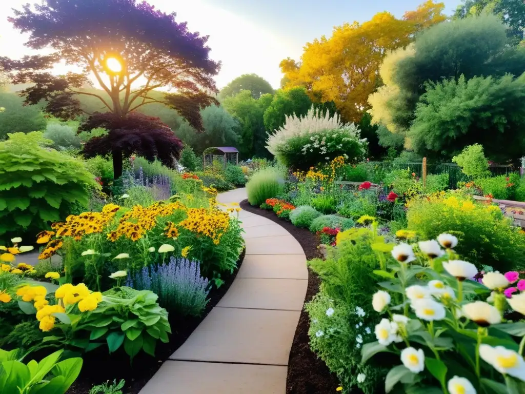 Un jardín comunitario exuberante con flores vibrantes, plantas verdes y caminos serpenteantes, bañado por la luz dorada del sol poniente