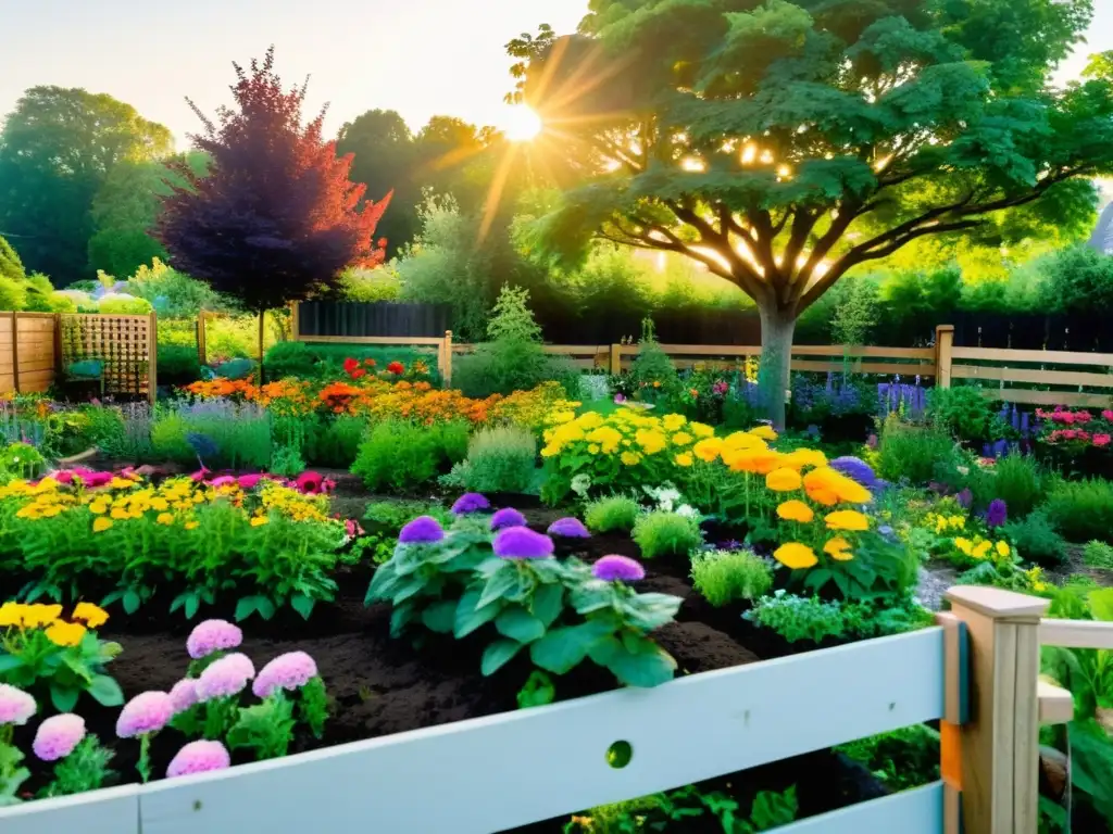 Un jardín comunitario exuberante con flores vibrantes, huertos ordenados y miembros de la comunidad activos y relajados