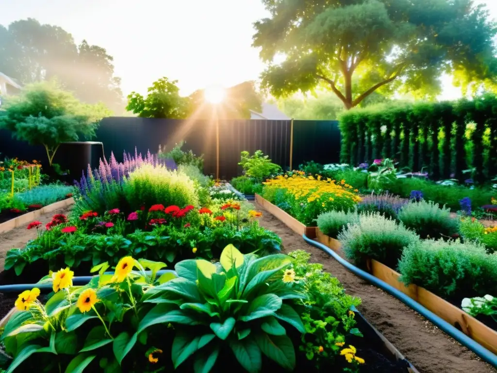 Un jardín comunitario exuberante con plantas verdes vibrantes y flores coloridas, rodeado de sistemas eficientes de riego